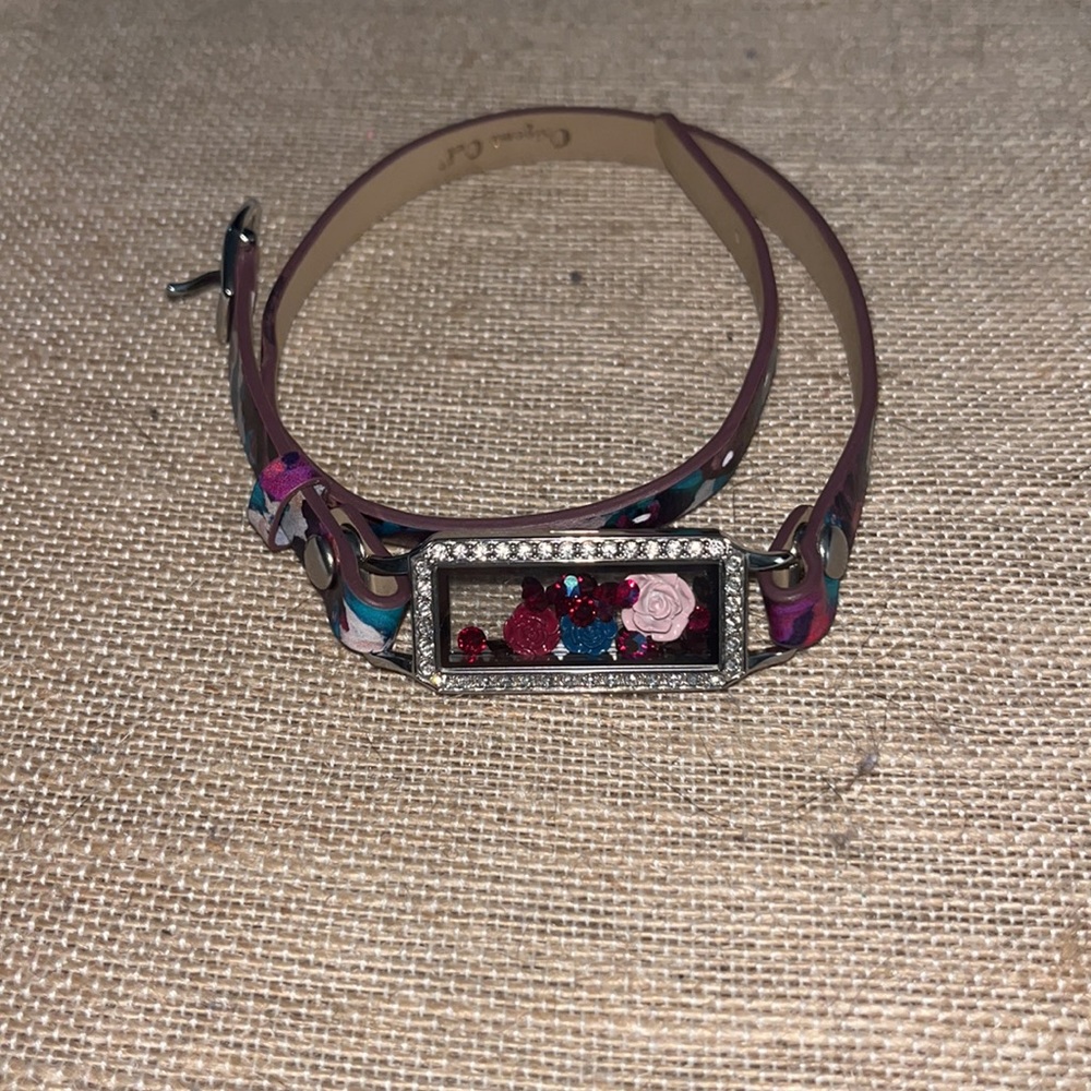 Origami Owl Floral Leather Bracelet Wrap/Silver Bar Rectangular Locket/charms